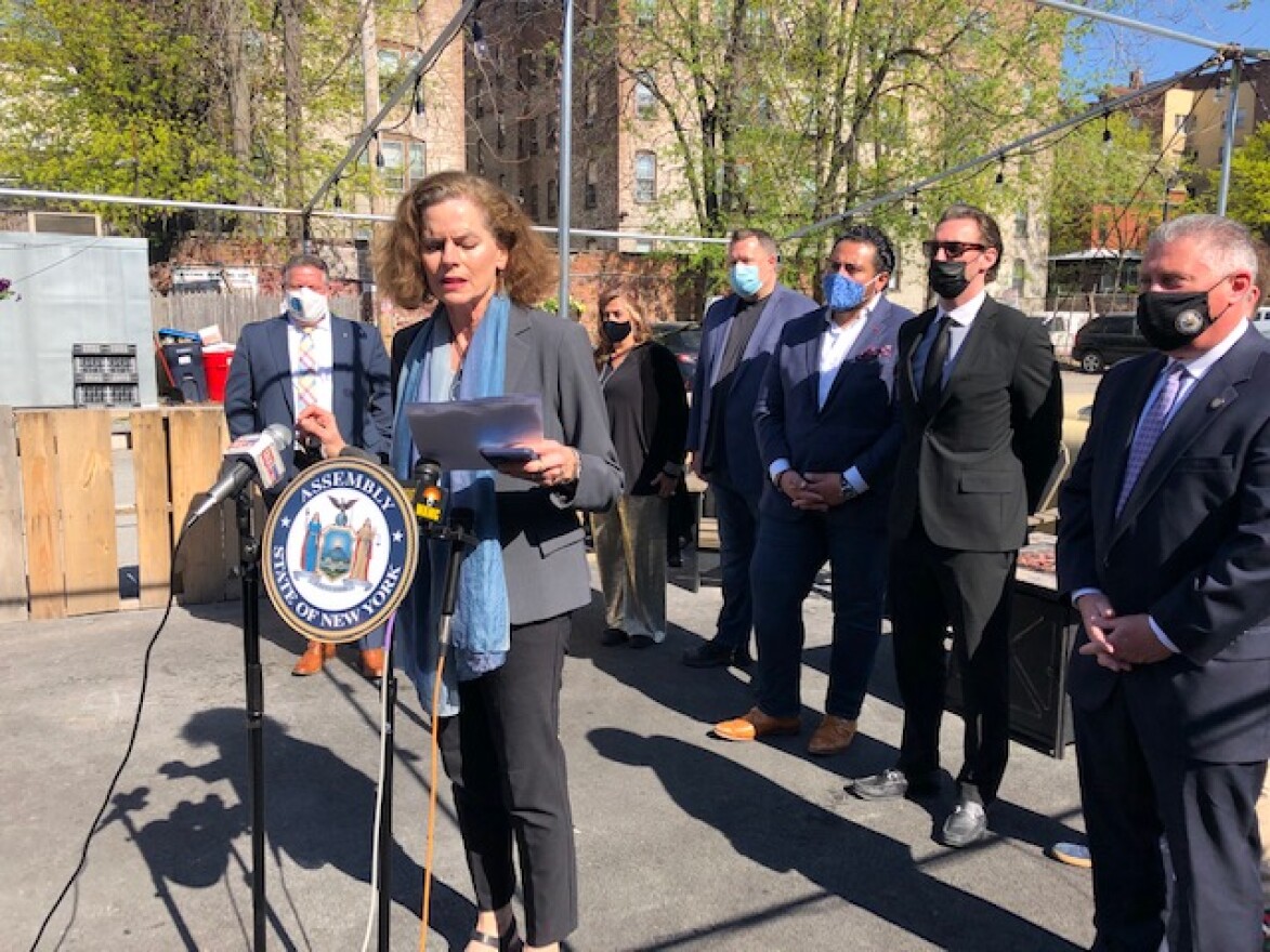 Assemblywoman Patricia Fahy, D-Albany, joins other lawmakers and restaurant owners to push for a two-year extension of an alcohol to-go rule.